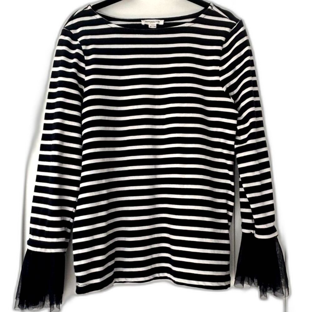 Navy & White Striped Cotton Top w/ Ruffle Cuffs 🤍 Size S